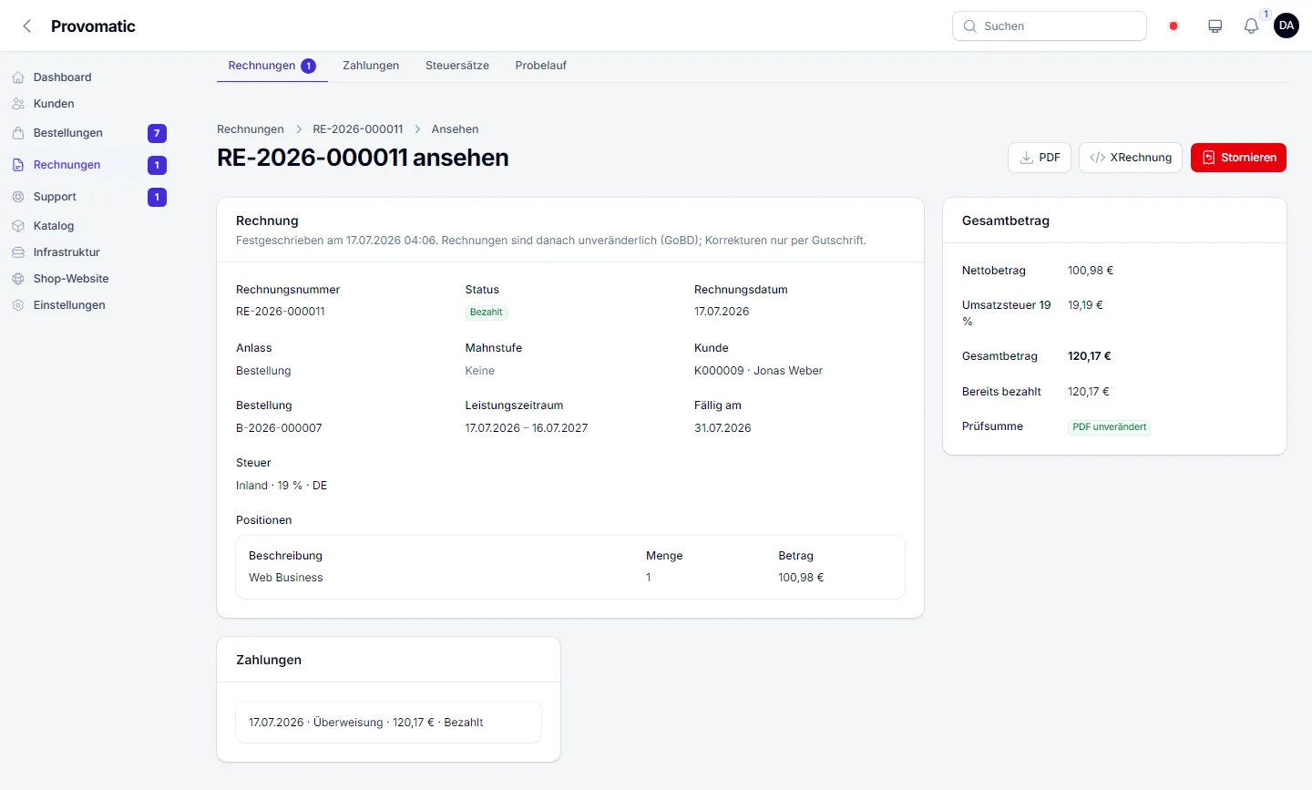 Eine Rechnung im Admin-Bereich